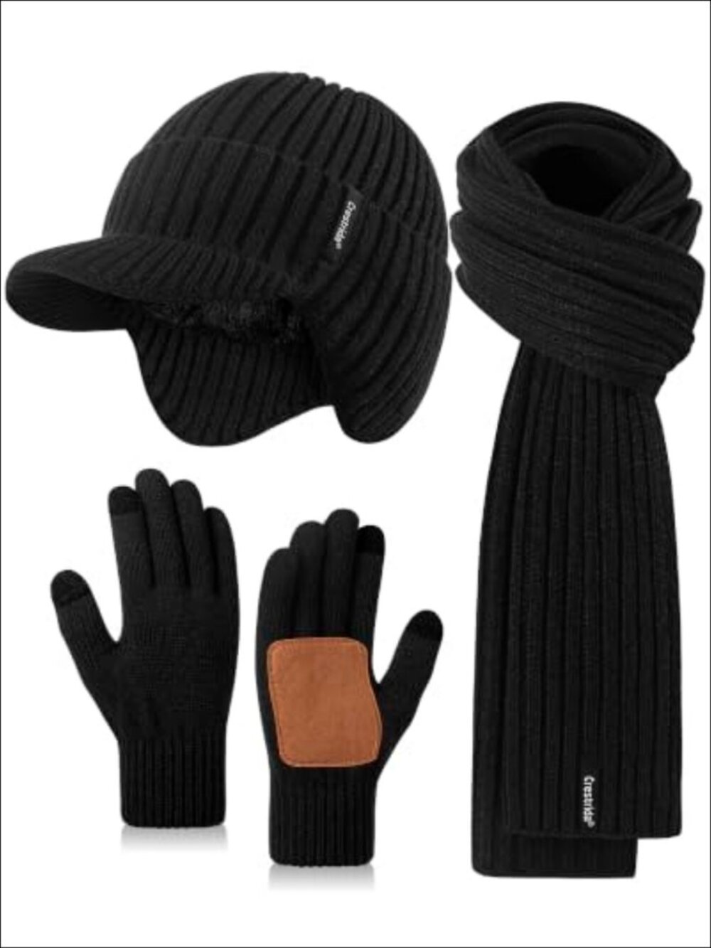 3 Piece Winter Set Fleece Beanie Ear Flaps Touchscreen Gloves Scarf